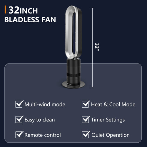 dubbin Oscillating Bladeless Tower Fan and Heater Combo with Remote Control 10 Speeds 9H Timer
